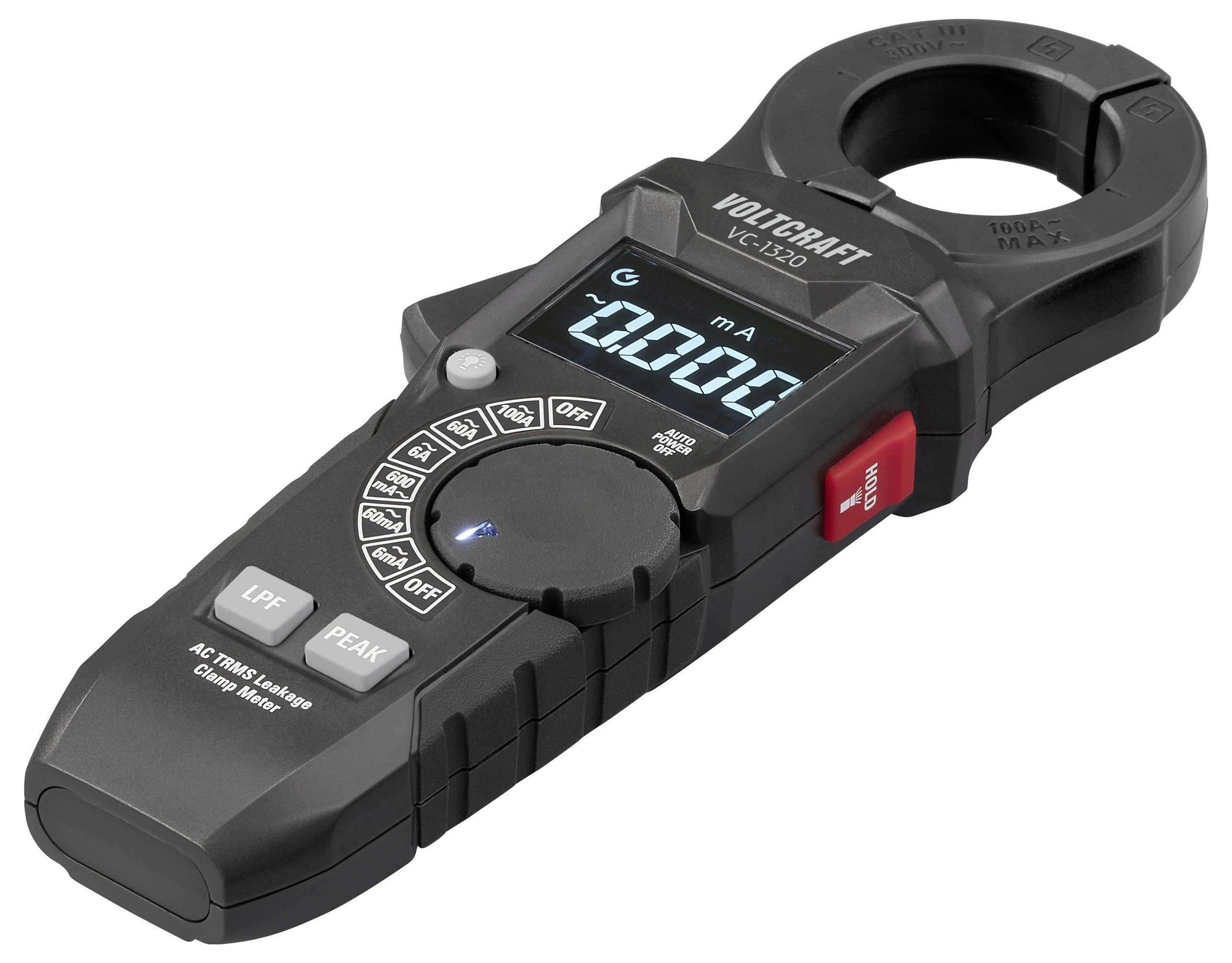 A digital clamp meter with a display showing '0.000 mA', several buttons, and a clamp for measuring electrical current.