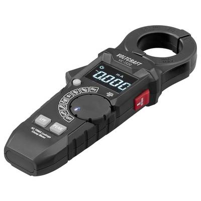 A digital clamp meter with a display showing '0.000 mA', several buttons, and a clamp for measuring electrical current.
