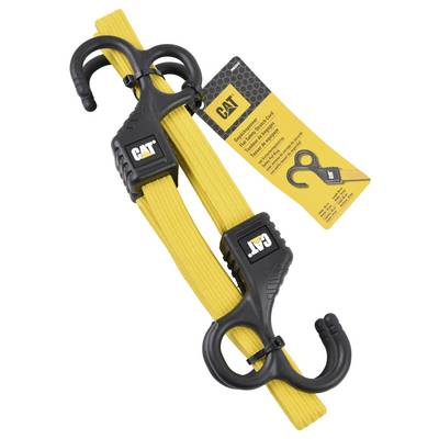 Yellow bungee cord with black hooks labeled 'CAT', packaged with a tag displaying the brand logo and product information.