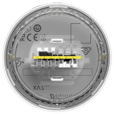 Close-up of a round electronic device with a transparent cover, showing internal connectors and a yellow alignment bar.<br>