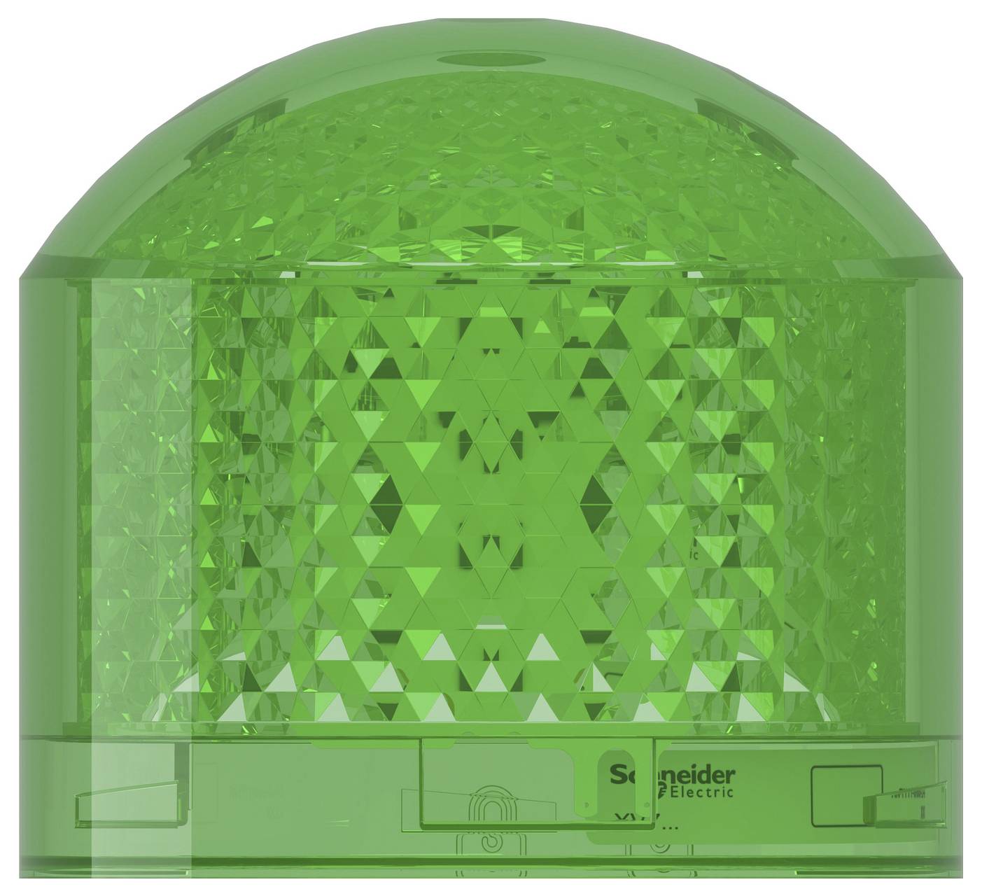 Green Schneider Electric warning beacon light with a domed, faceted lens and rectangular base, shown on a white background.