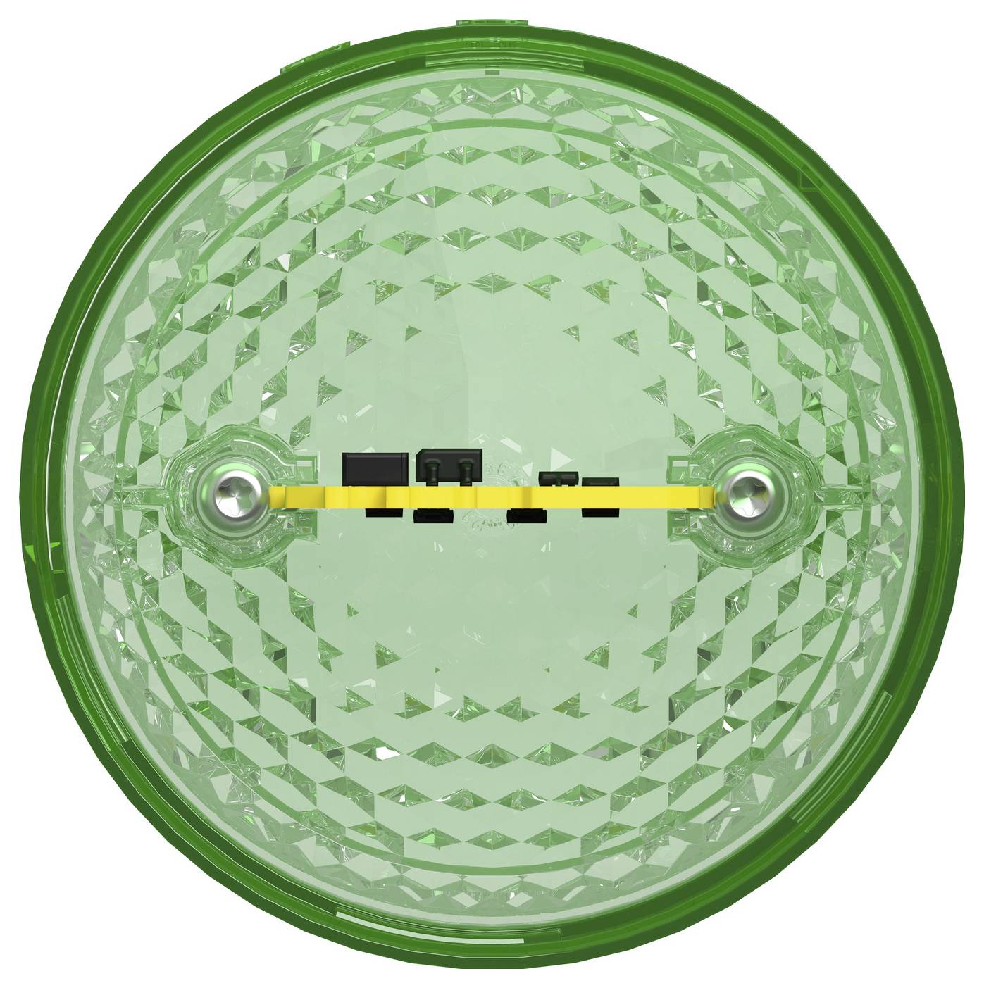 Green circular faceted lens or light cover with a horizontal yellow strip and two silver mounting points in the center.