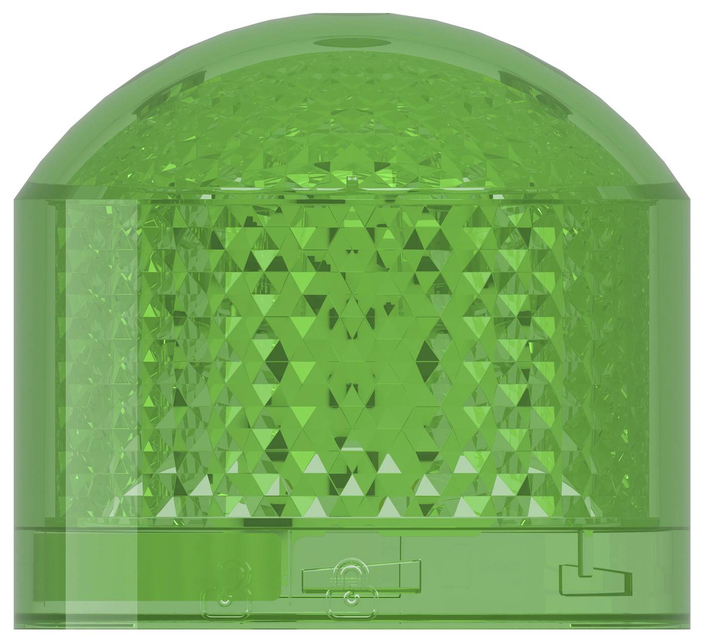 Green translucent warning beacon light with faceted lens and domed top, shown on a white background.