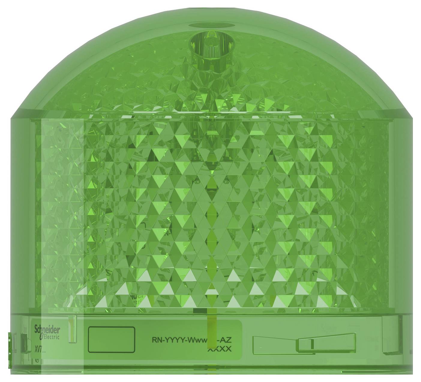 Green translucent dome-shaped warning beacon light with faceted lens and base controls, shown front view.<br>