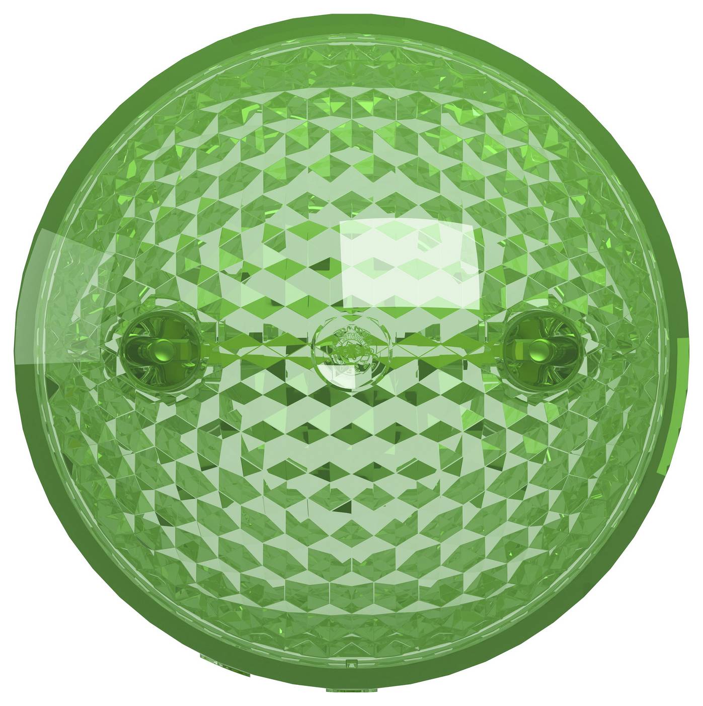 Green round faceted plastic lens or reflector with two side mounting points and a center screw hole, shown on a white background.