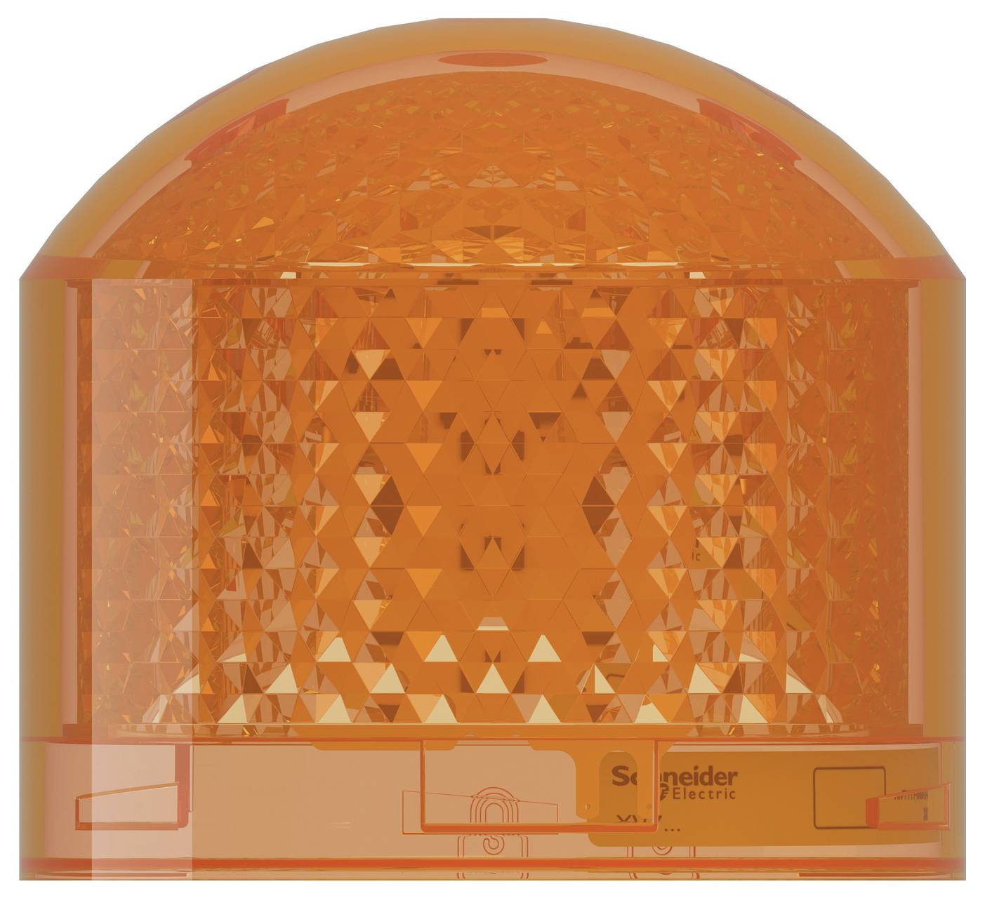Orange Schneider Electric beacon light with dome lens and patterned translucent sides on a rectangular base.