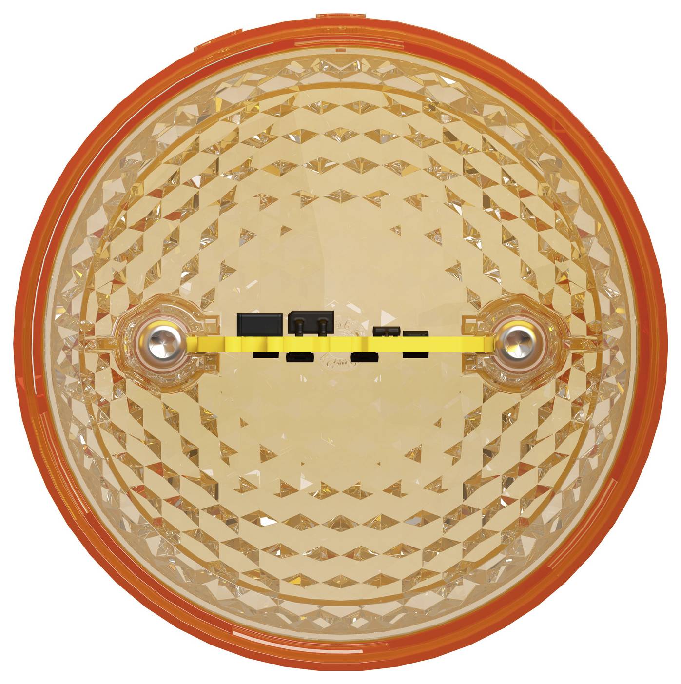 Round amber/orange vehicle reflector or signal light with two mounting screws and a yellow strip across the center.