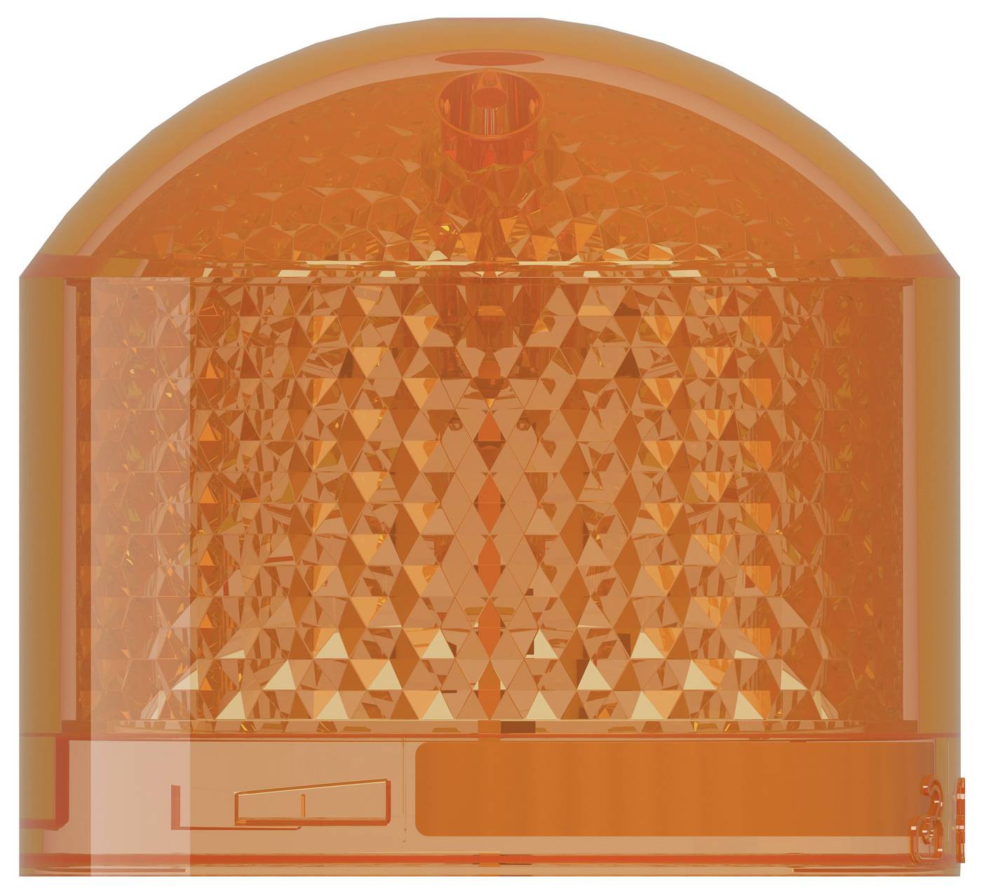 Orange rotating emergency beacon light with a domed translucent cover and faceted reflector inside, shown on a white background.
