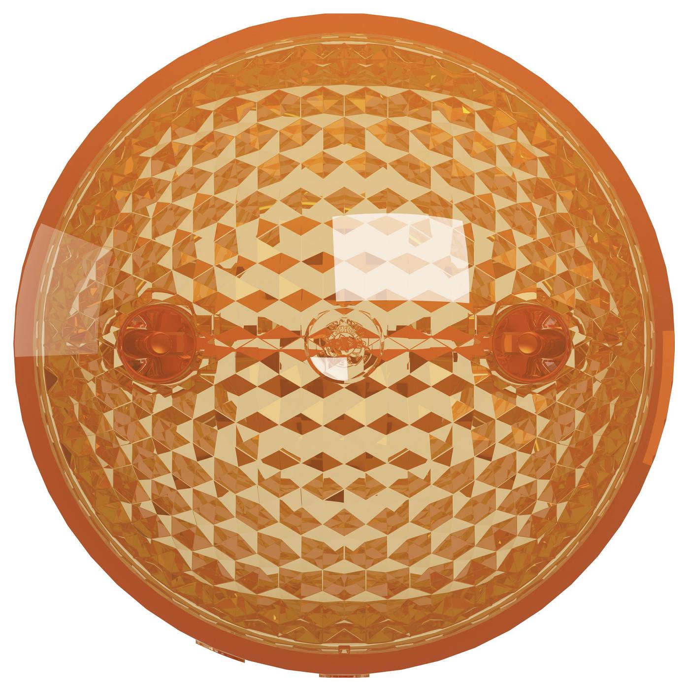 Close-up of a round amber/orange textured light lens or reflector with three mounting points.