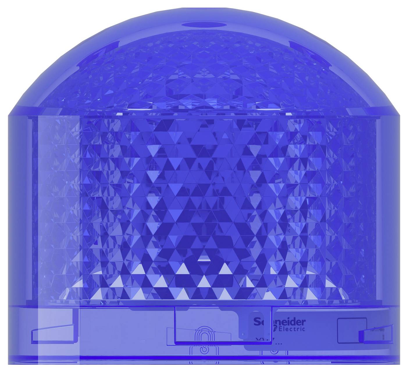Blue dome-shaped warning light beacon with a faceted lens and base labeled Schneider Electric.