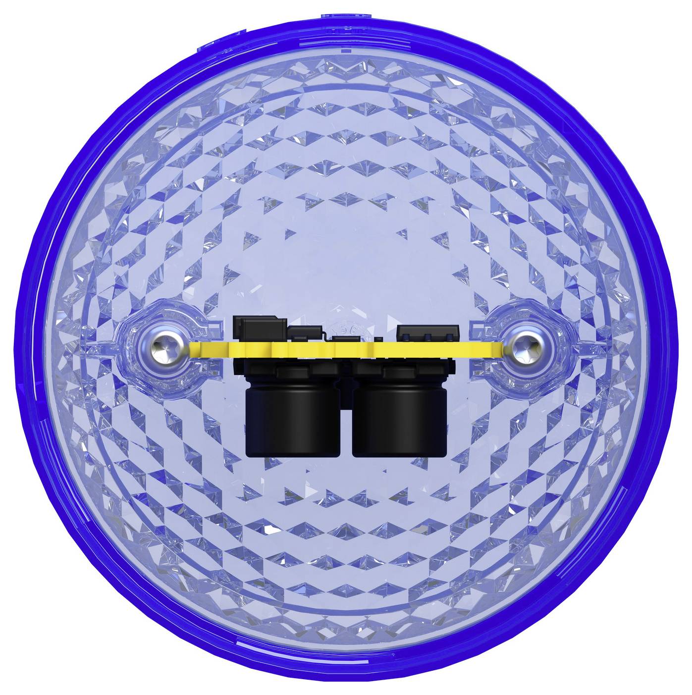 Circular blue plastic light lens with a yellow mounting bar and black central components, shown front-on against a white background.