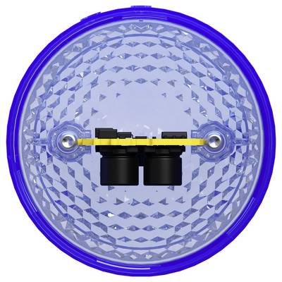 Circular blue plastic light lens with a yellow mounting bar and black central components, shown front-on against a white background.