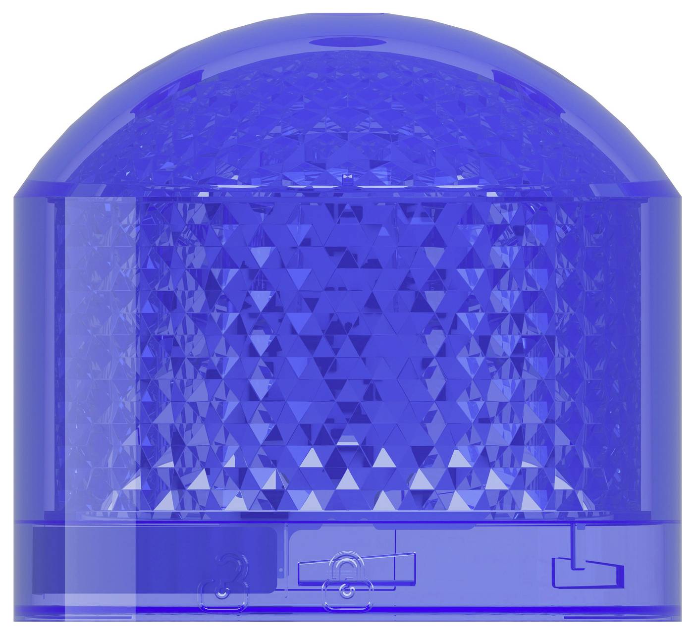 Blue dome-shaped warning beacon light with faceted lens and mounting base, shown front view on a white background.