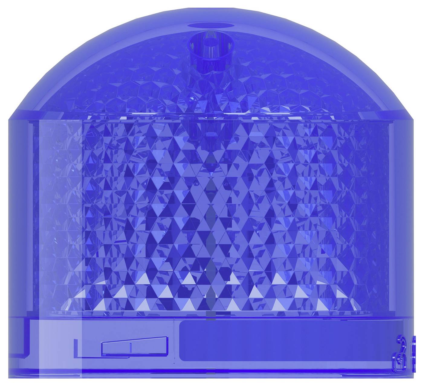 Blue translucent dome-shaped warning light or beacon with a faceted reflector inside, shown on a white background.