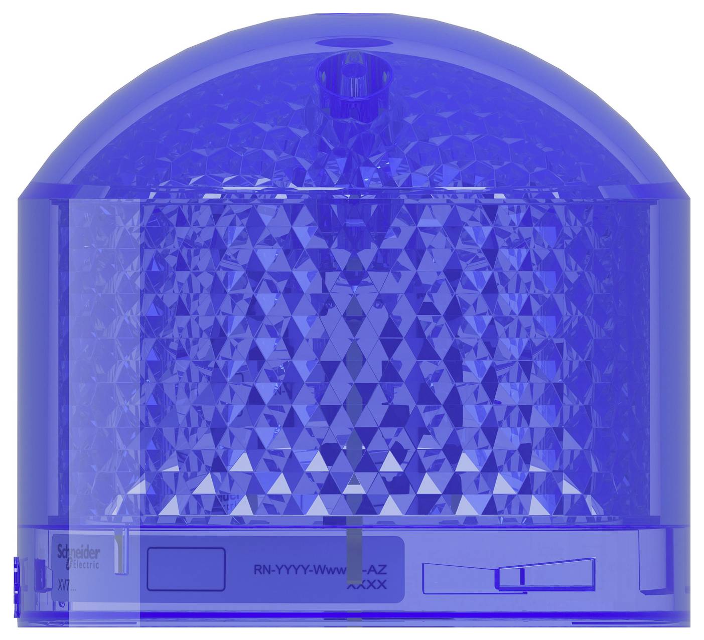 Blue rotating emergency beacon light with translucent dome and faceted reflector base, shown front view.