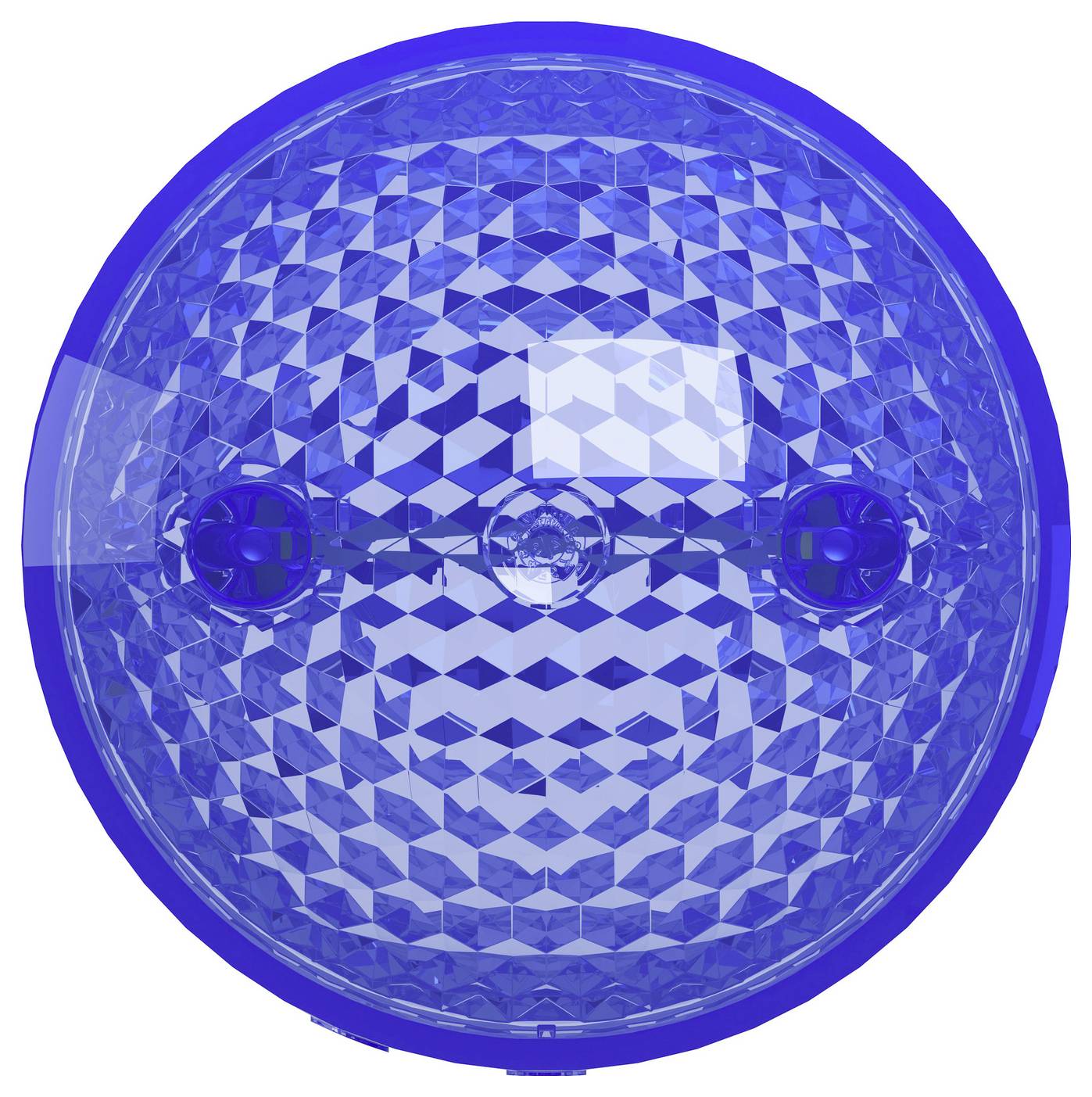 Close-up of a blue circular faceted reflector or lens with a patterned surface and two small side openings.