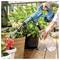 A person uses a blue Makita handheld device to water potted flowers on a wooden deck, with various plants in the background.