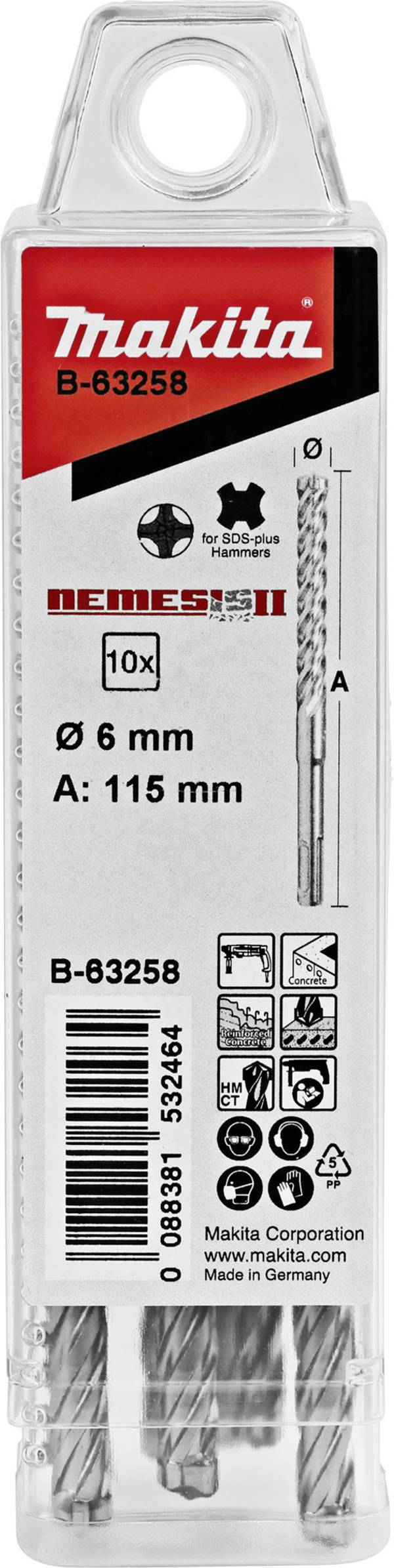 Makita B-63258 Solid carbide metal Masonry twist drill bit set 6 mm Total length 115 mm SDS-Plus 10 pc(s)