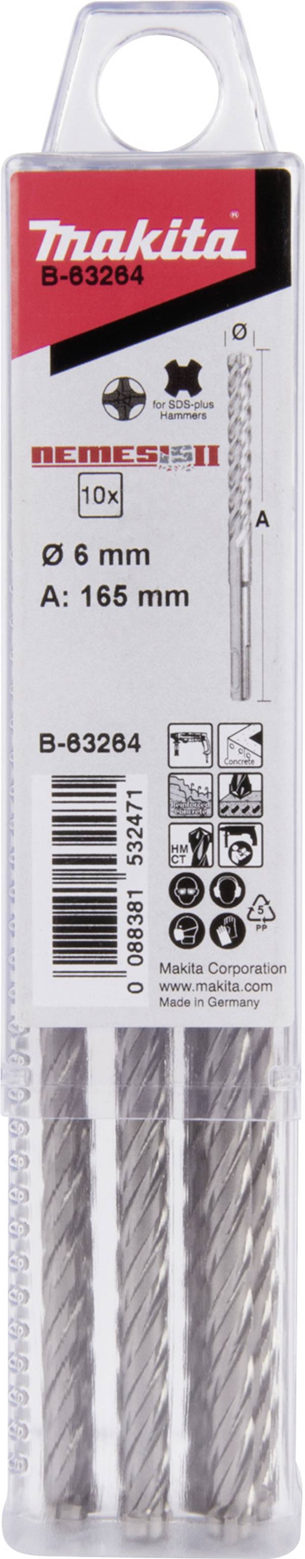 Makita B-63264 Solid carbide metal Masonry twist drill bit set 6 mm Total length 165 mm SDS-Plus 10 pc(s)