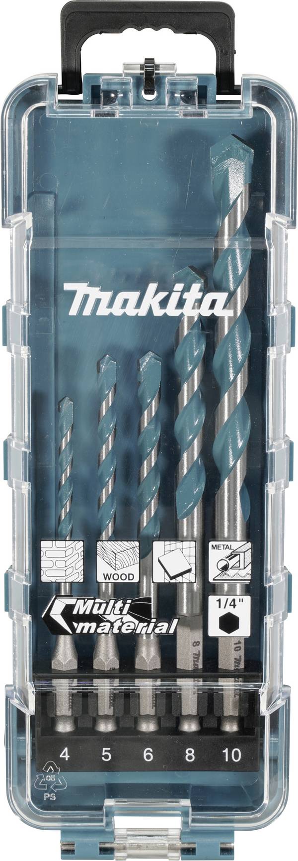 Makita E-16732  5-piece Universal drill bit set Metal, Stone, Concrete, Wood, Masonry 4 mm, 5 mm, 6 mm, 8 mm, 10 mm