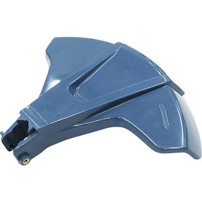 Blue plastic mower deck discharge chute attachment with directional arrow, shown on a white background.