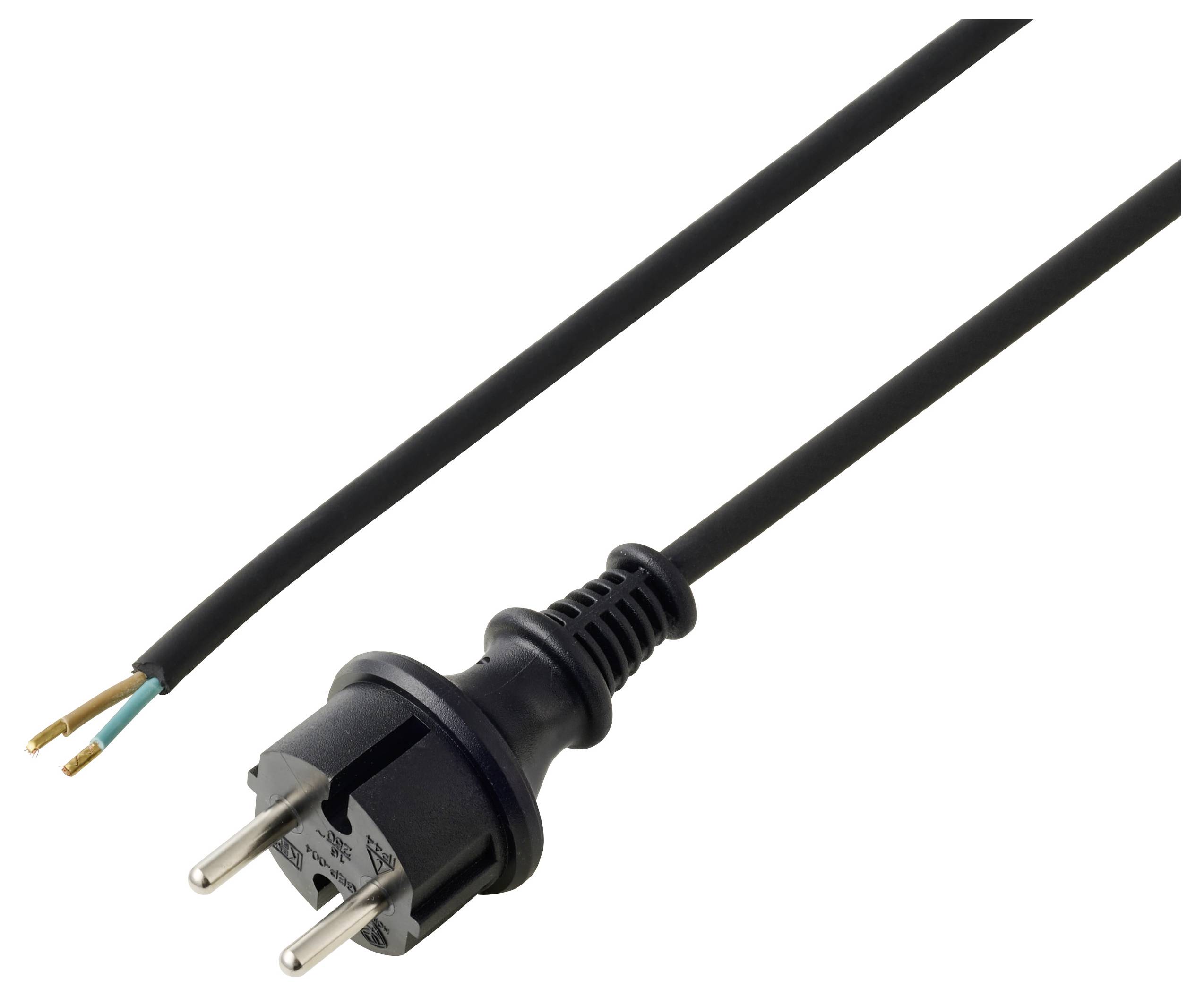 A black European plug and cable with exposed wires at the other end, suitable for electrical connections.