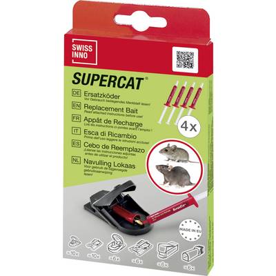 'SuperCat Replacement Bait' packaging shows bait instructions and four units. Includes a picture of a mousetrap and mice illustrations.