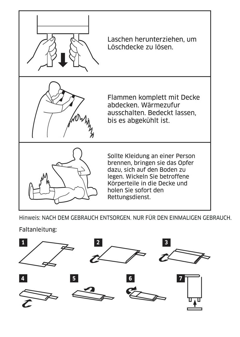 Instructional image showing steps to use a fire blanket: pull tapes to release, cover flames completely to extinguish, and dispose after use.
