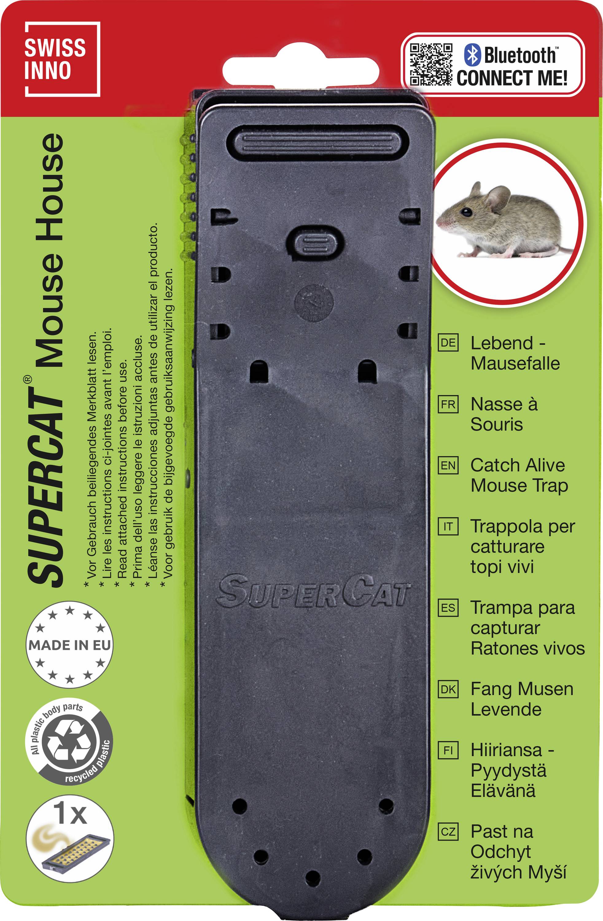 'Mouse trap with a plastic housing. Features include a catch-and-kill mechanism and easy setup instructions. Identifies as 'SuperCat.''