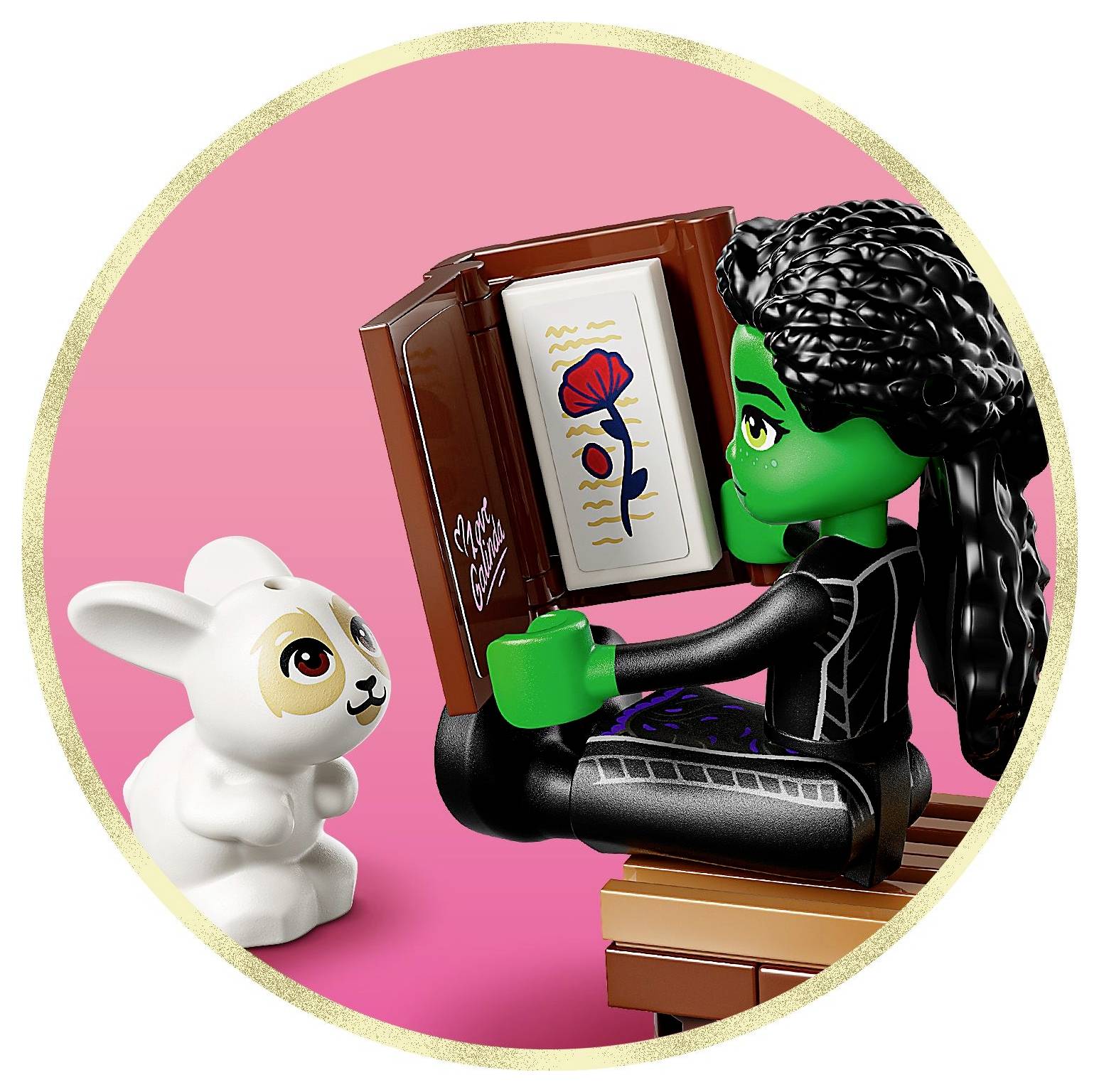 A green-skinned toy figure with long black hair reads a book to a white toy rabbit on a pink background.
