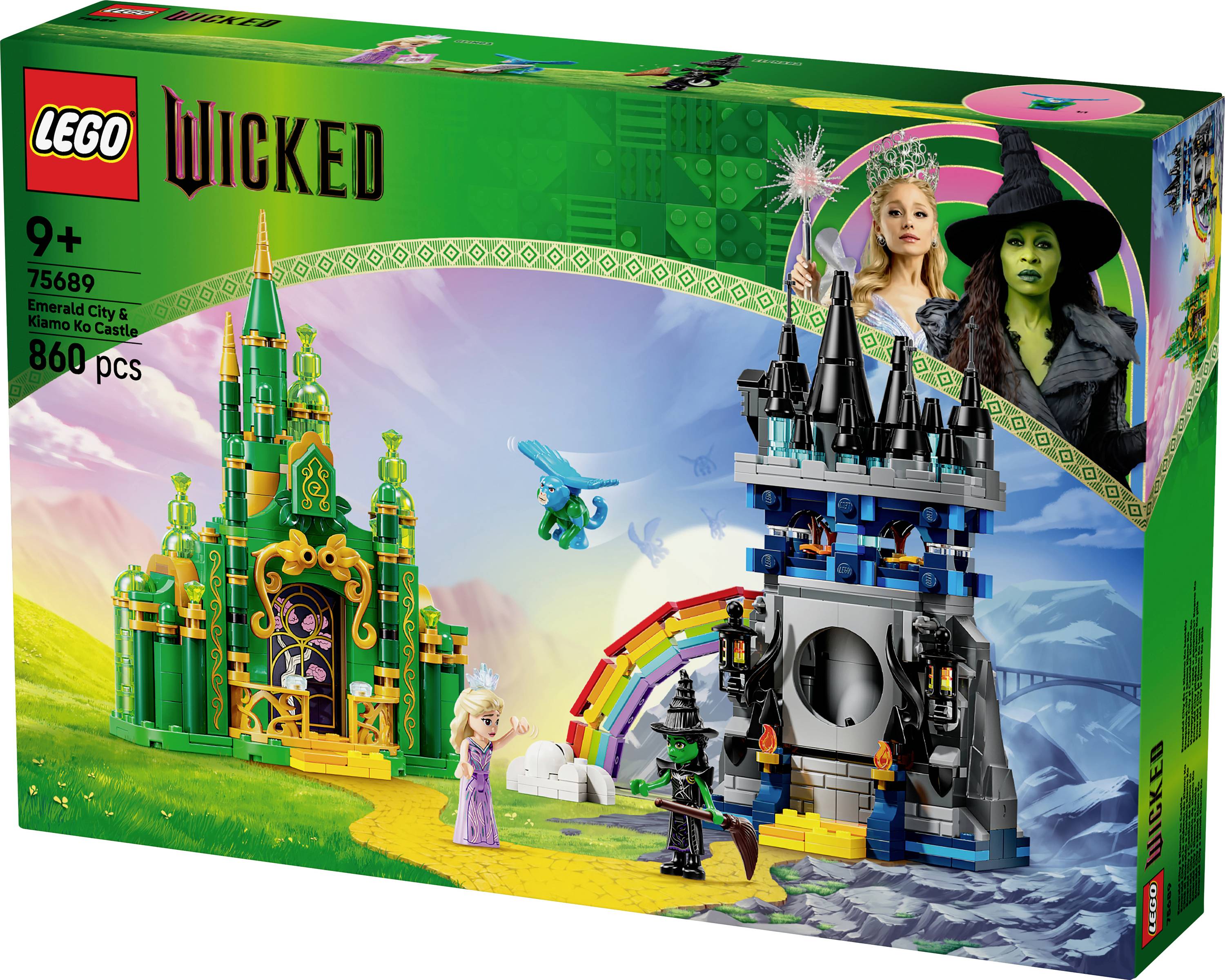 LEGO set box featuring 'Wicked' theme. Includes Emerald City, characters, and 860 pieces. Suitable for ages 9+.