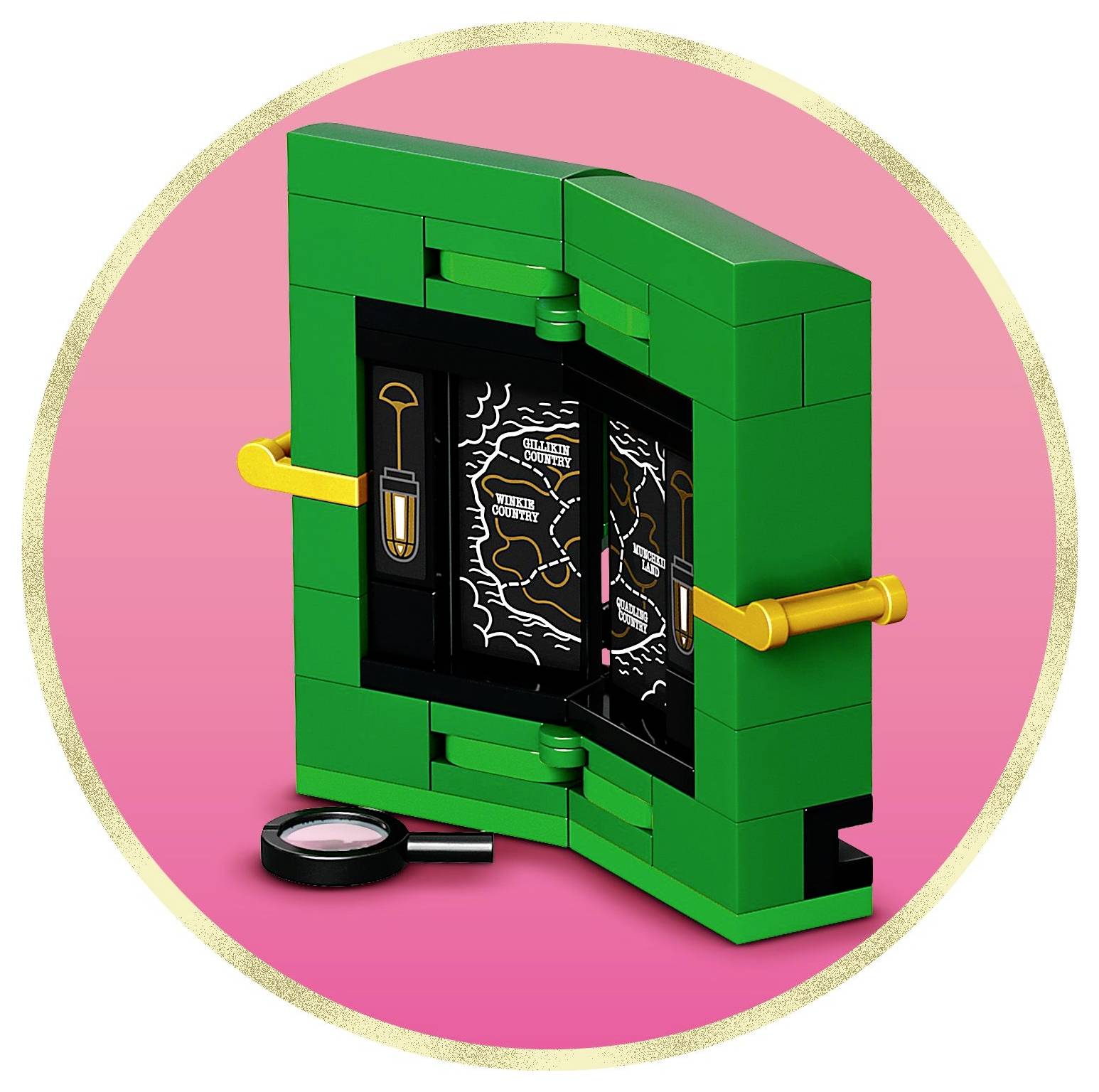 A Lego model of a vault with gold-colored handles, containing detailed wall maps and a miniature magnifying glass on a pink background.