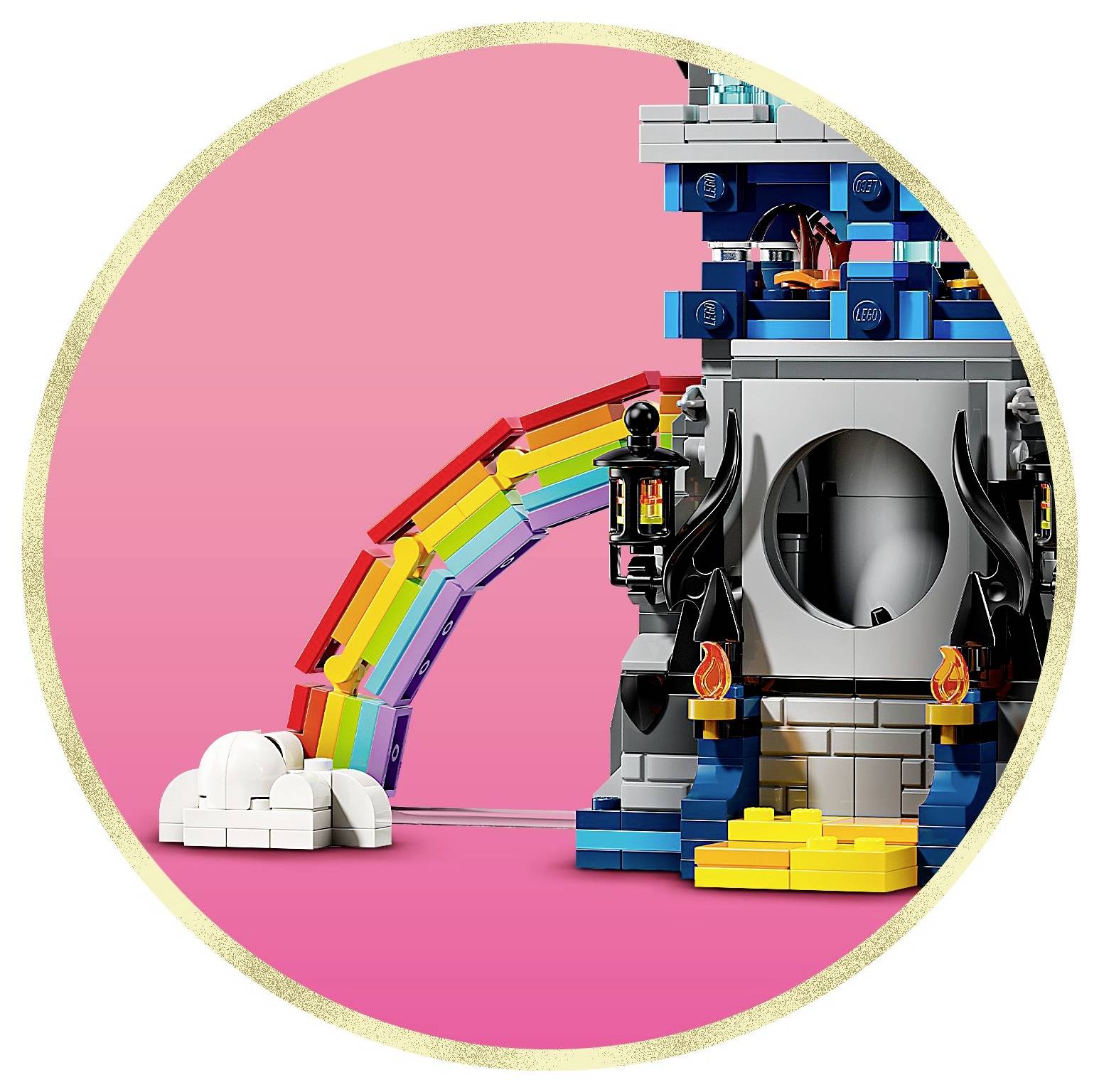 A colorful toy structure with a rainbow and cloud on a pink background.