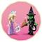 A blonde princess in a pink dress holds a drawing, facing a green-skinned witch in a black hat, both made of toy bricks on a pink background.