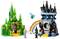 Colorful LEGO fantasy scene with two castles; a green one and a blue one. Figures include a fairy and a witch near a rainbow.