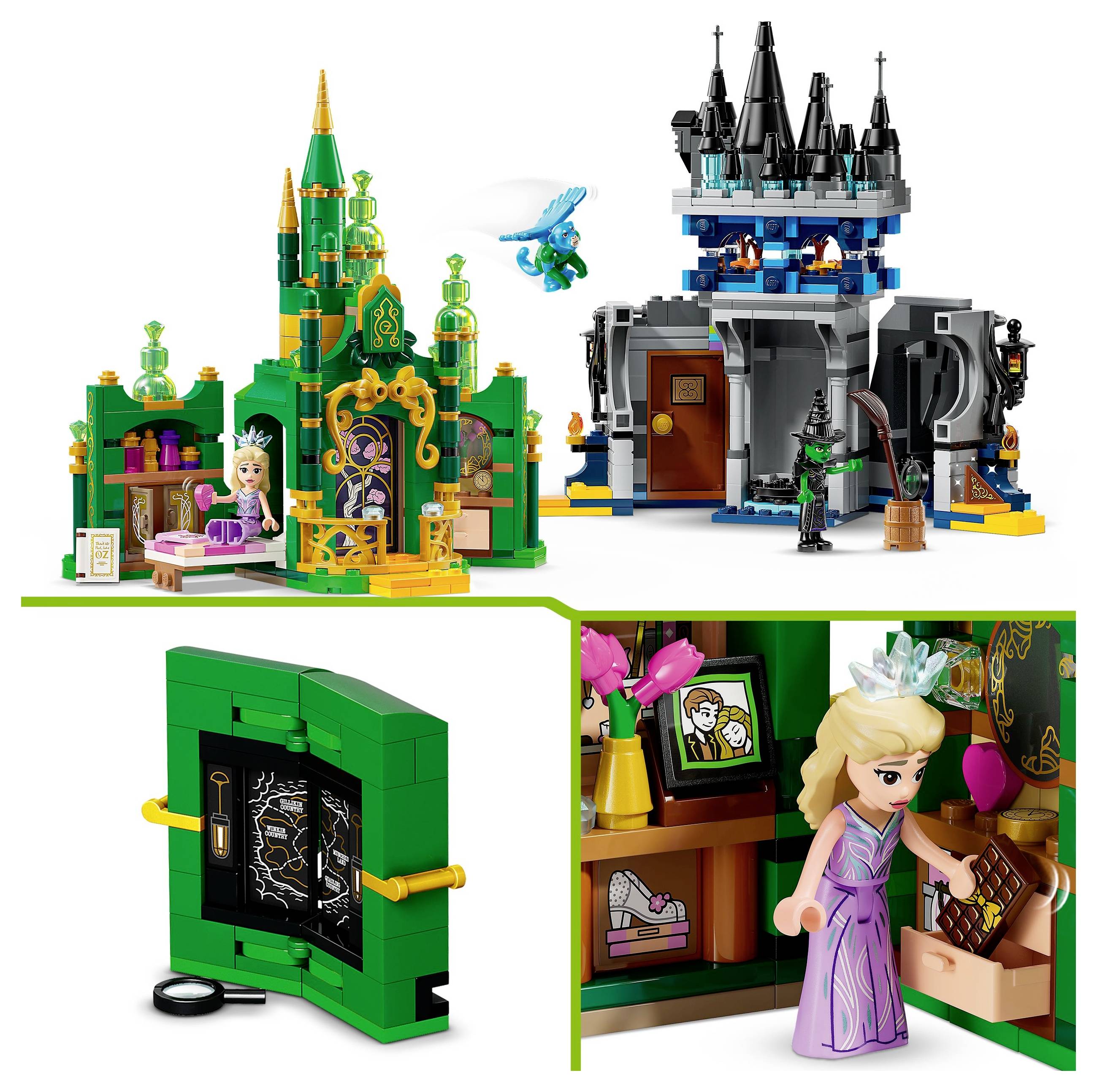 Lego playset featuring two fairytale castles, a green one with a flying dragon and a princess, and a gray one with a wizard figurine.