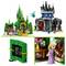 Lego playset featuring two fairytale castles, a green one with a flying dragon and a princess, and a gray one with a wizard figurine.