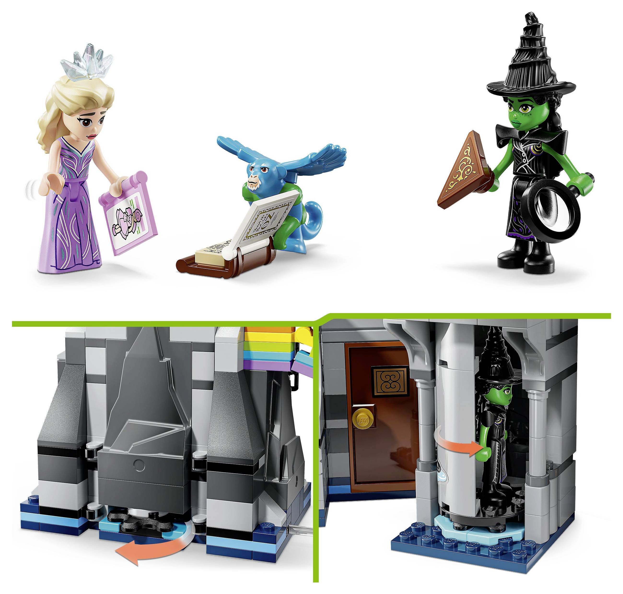 A princess and a bird view a book with a map; a witch holds a magic wand. Below, a witch mechanism in a castle moves for a hidden effect.