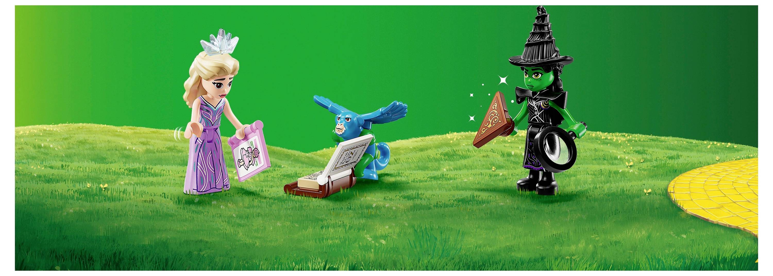 A princess shows a portrait to a blue creature while a witch holds a pizza on a green field with a yellow path.