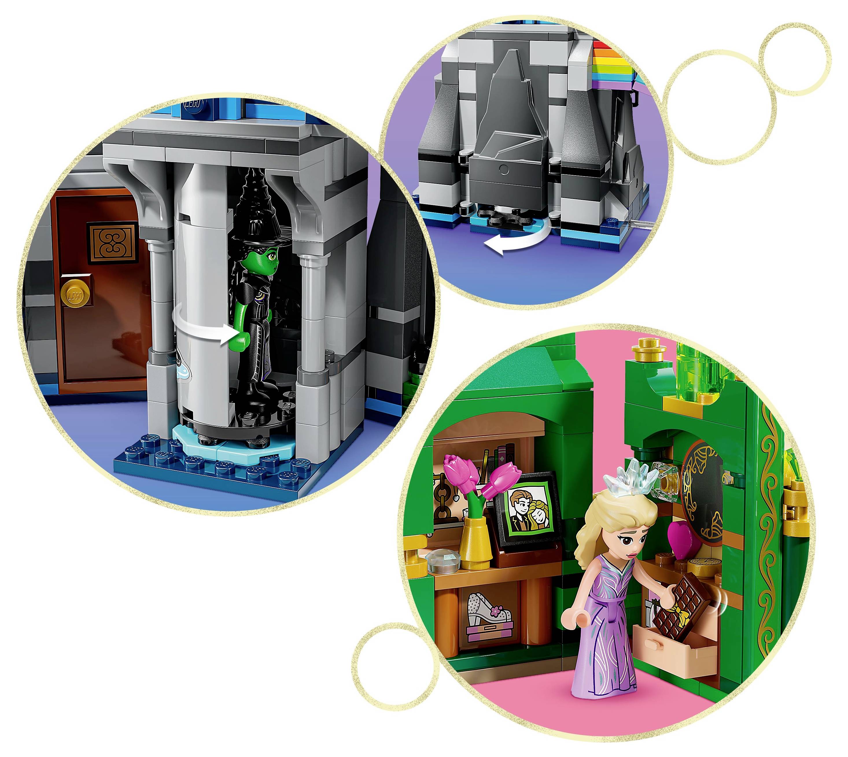 'Toy building set with three scenes: a secret passage, a key compartment, and a character in front of a bookshelf.'