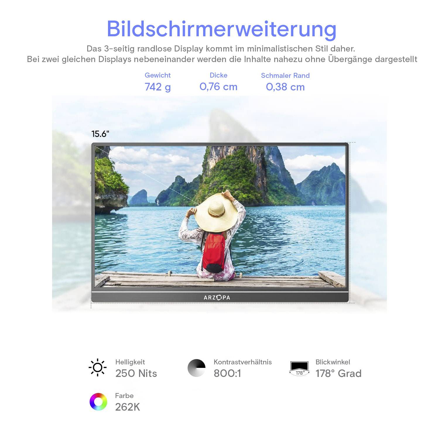 A travel scene on a monitor screen with a person in a hat facing mountains and water. Text details screen weight, thickness, and color features.