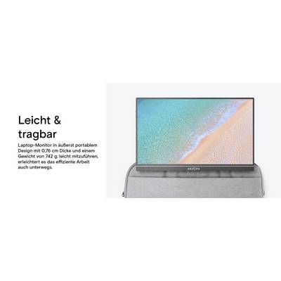 A portable monitor with a sleek design is displayed, showing a vibrant beach scene. Text in German describes it as lightweight and easy to transport.