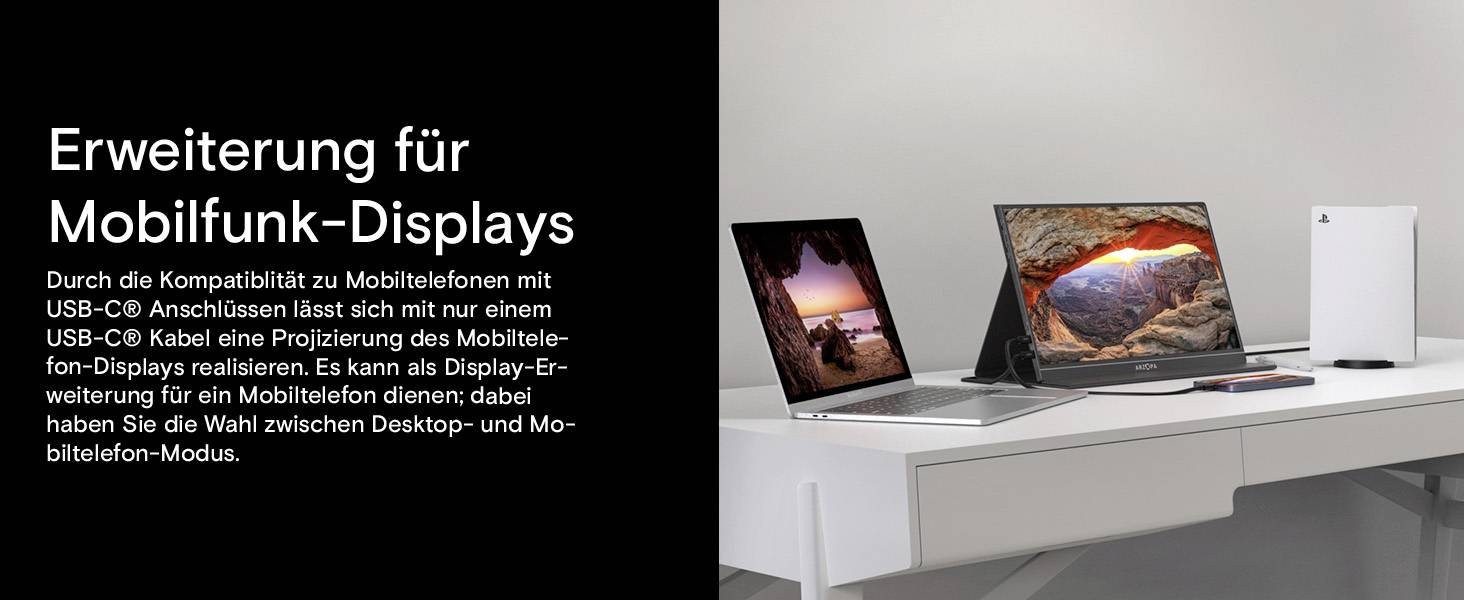 'Erweiterung für Mobilfunk-Displays' - A desk setup with two screens displaying nature scenes, linked to a mobile phone, showcasing display expansion.