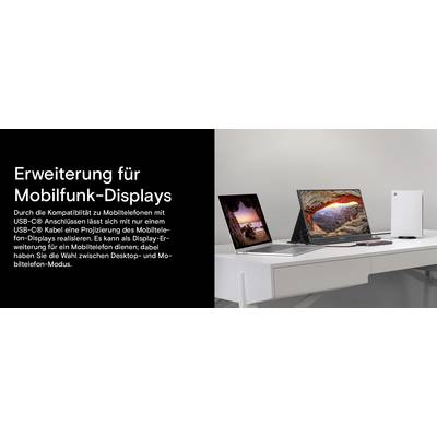 'Erweiterung für Mobilfunk-Displays' - A desk setup with two screens displaying nature scenes, linked to a mobile phone, showcasing display expansion.