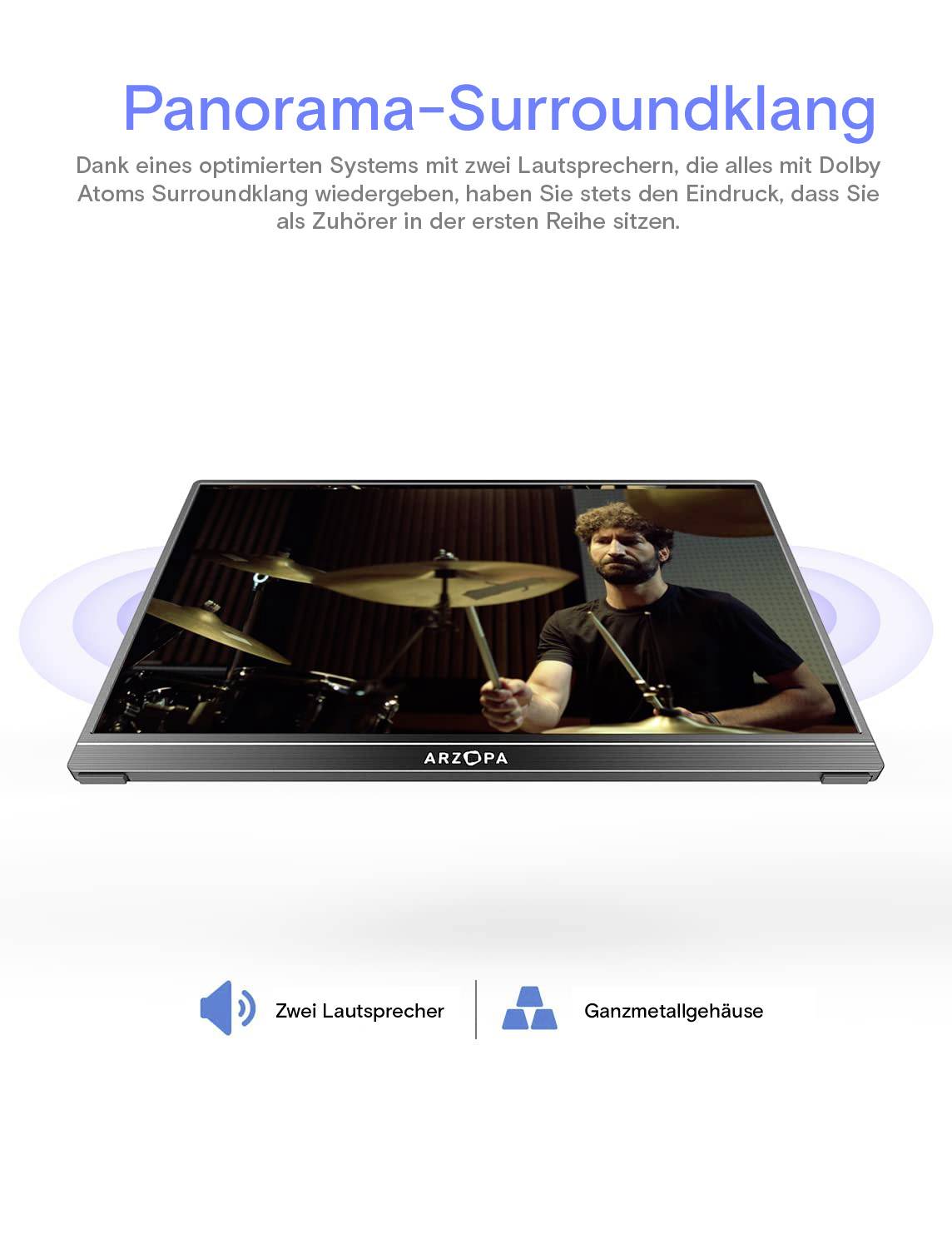 'Panorama-Surroundklang' headline above image of a drummer on a display. Text promotes enhanced audio system with Dolby Atmos effect.