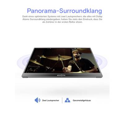 'Panorama-Surroundklang' headline above image of a drummer on a display. Text promotes enhanced audio system with Dolby Atmos effect.