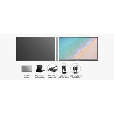 Portable monitor shown from front and back with beach view on screen. Includes magnetic cover, mini HDMI/HDMI cable, USB-C cable, and USB-A/USB-C power cable.