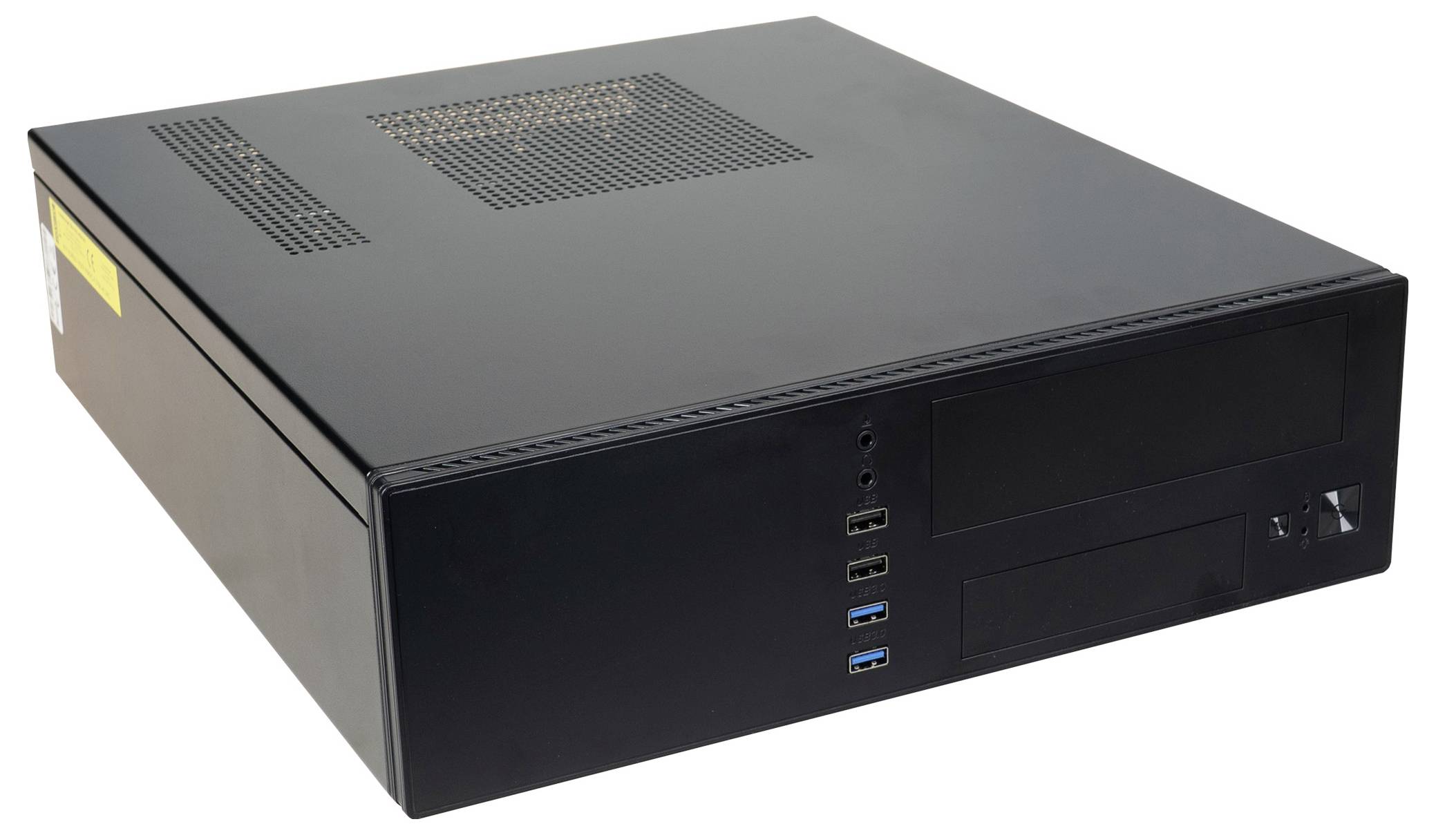 A black desktop computer case with front-facing USB ports, power button, and ventilation on top, designed for housing computer components.