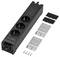 A black power strip with three European outlets, USB ports, and mounting brackets is shown along with screws and covers.