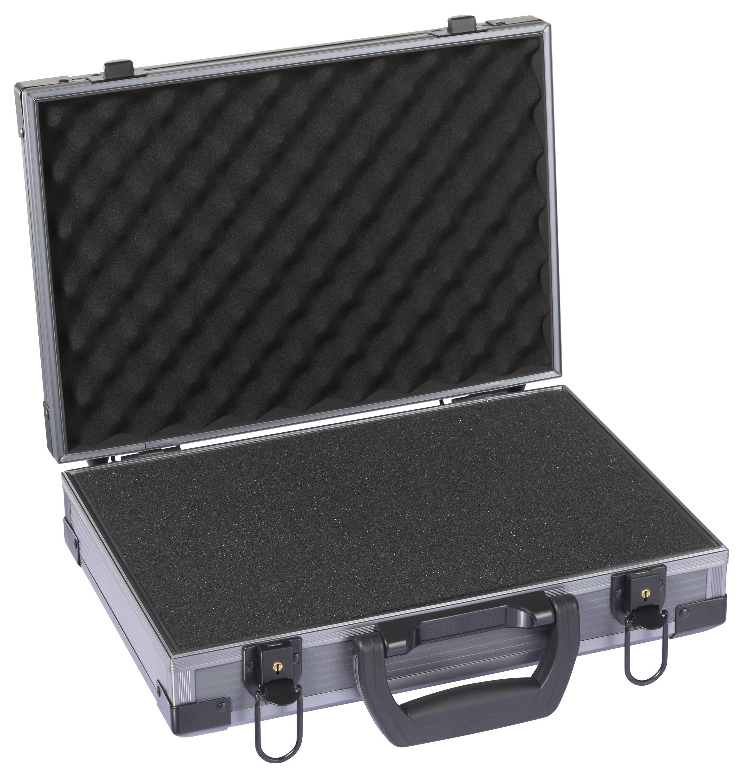 An open, empty silver metal briefcase with black foam padding interior designed to cushion and protect contents, shown in an upright position.